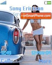 Brunette girl and retro blue car tema screenshot